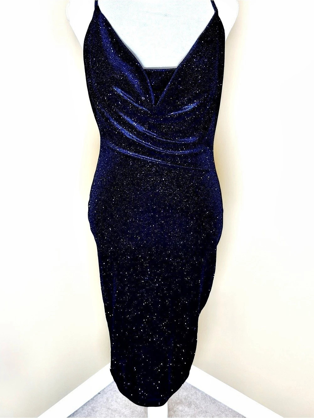 Iris Glitter Ruched Midi Dress in Black / Sparkle NWT